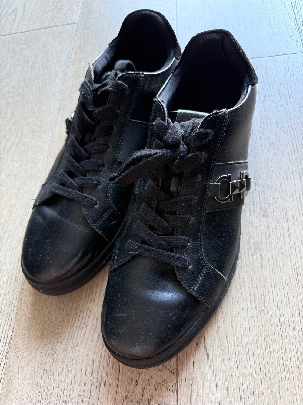 Aldo Black Leather Lace-Up Sneakers with Decorative Side Buckle